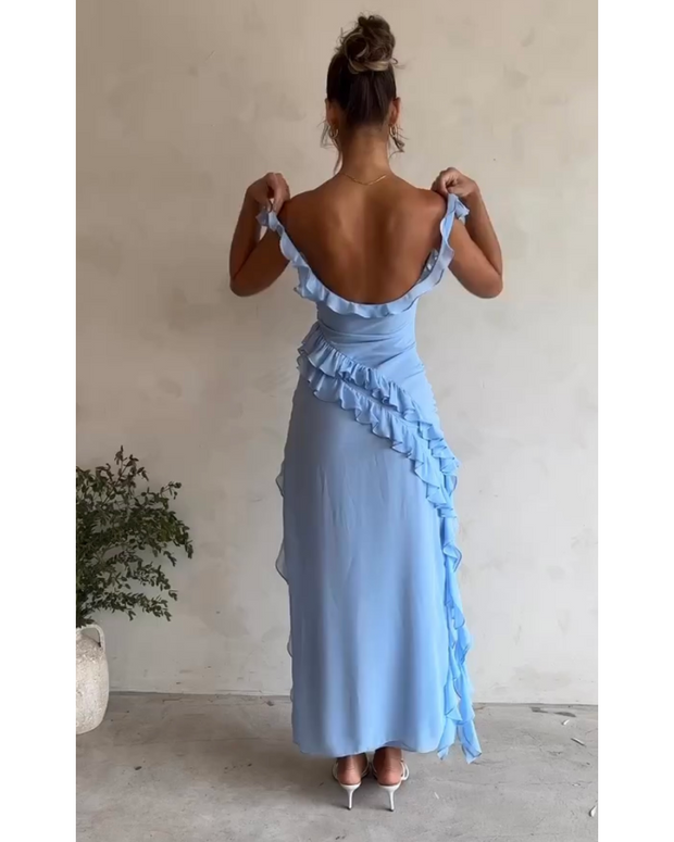 Blue Slit pleated strapless dress