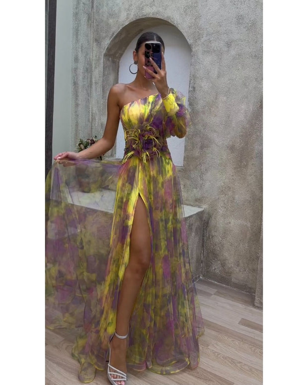 Floral one-shoulder floral long-sleeved dress