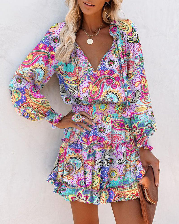 Paisley Print Ruffle Hem Shirred Waist Casual Dress