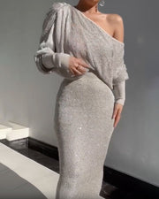 Diagonal shoulder knitted sexy suit woman