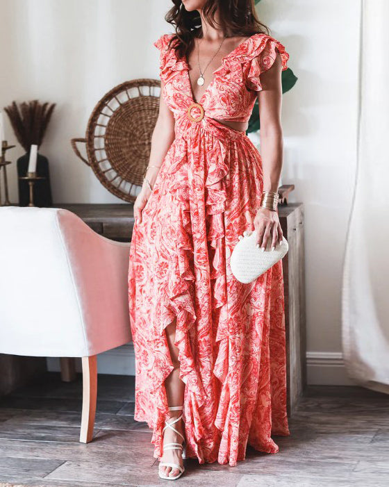 Butterfly Sleeve Print Ruffle Slit Dress