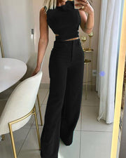 Solid Color Waistcoat Hollow Top & High Waist Wide Leg Pants Two-piece Set