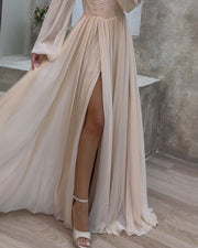 Bubble Long Sleeve Neck Slit Dress