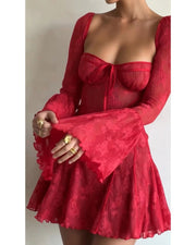 Sexy red lace skirt  with flared sleeves dress