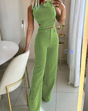 Solid Color Waistcoat Hollow Top & High Waist Wide Leg Pants Two-piece Set