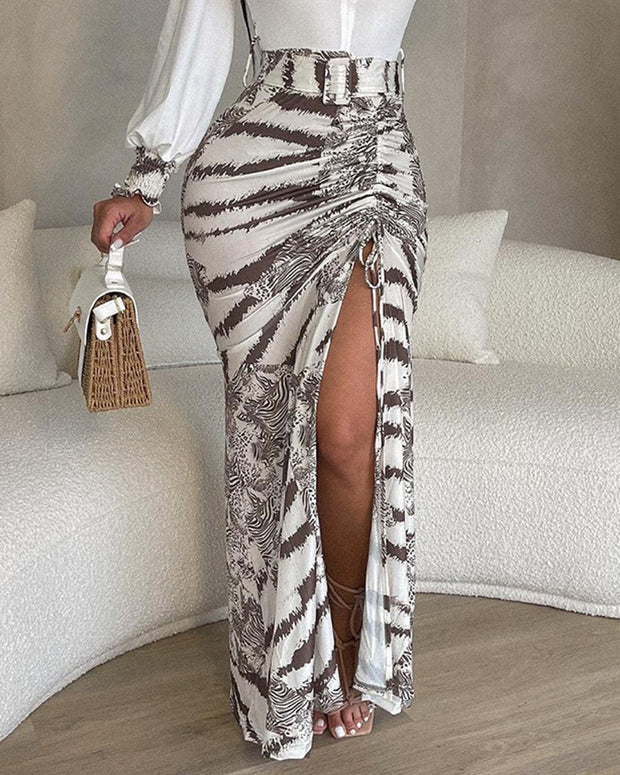 Tie Dye Print Plunge High Slit Drawstring Maxi Dress