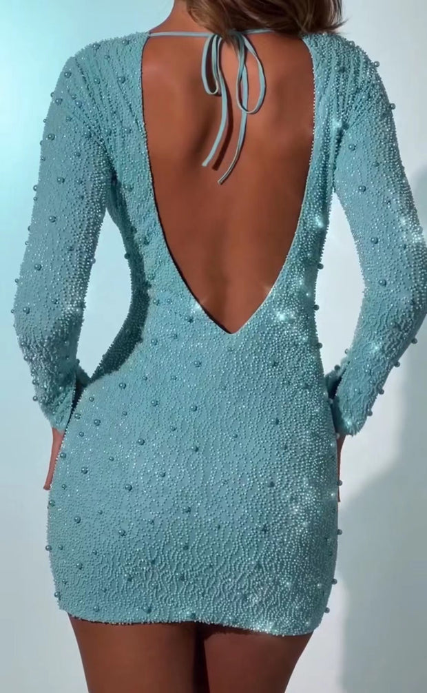 Fall sexy one-line neck studded beaded hip wrap dress