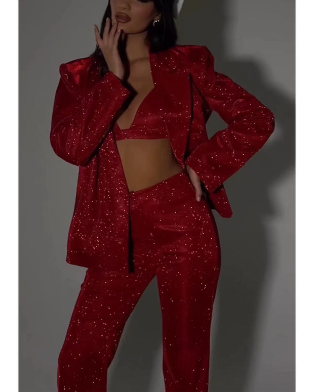 Red casual personality glitter suit