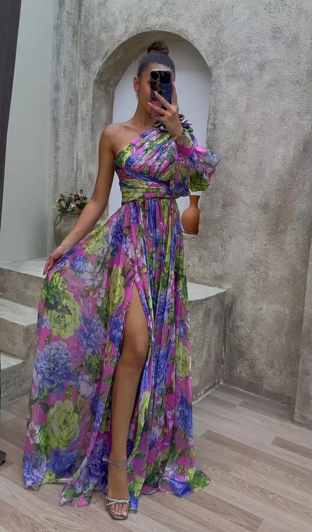 floral one shoulder sexy long-sleeved dress