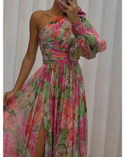 floral one shoulder sexy long-sleeved dress