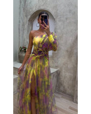 Floral one-shoulder floral long-sleeved dress