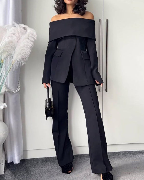 off shoulder solid color two piece suit