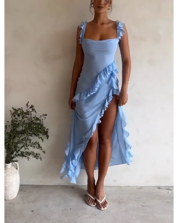 Blue Slit pleated strapless dress